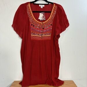 Dressbarn Red Boho Blouse embellished Yoke 3X NEW
